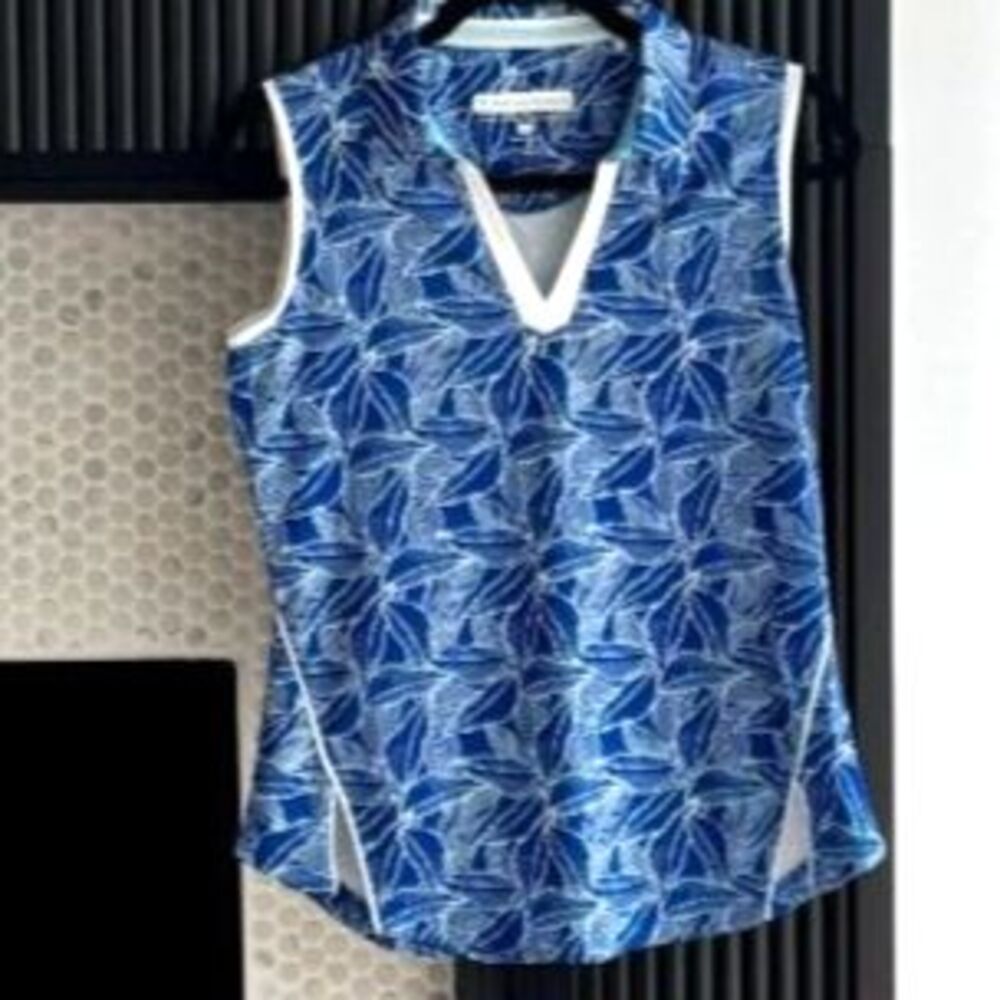 Pebble Beach Dry-Luxe Performance Sleeveless Golf Polo Blue Floral Size M